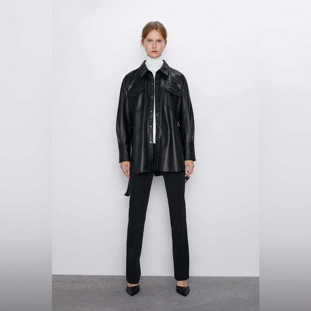 Zara Black Leather Shirt Oversized Modern Silhouette Size L